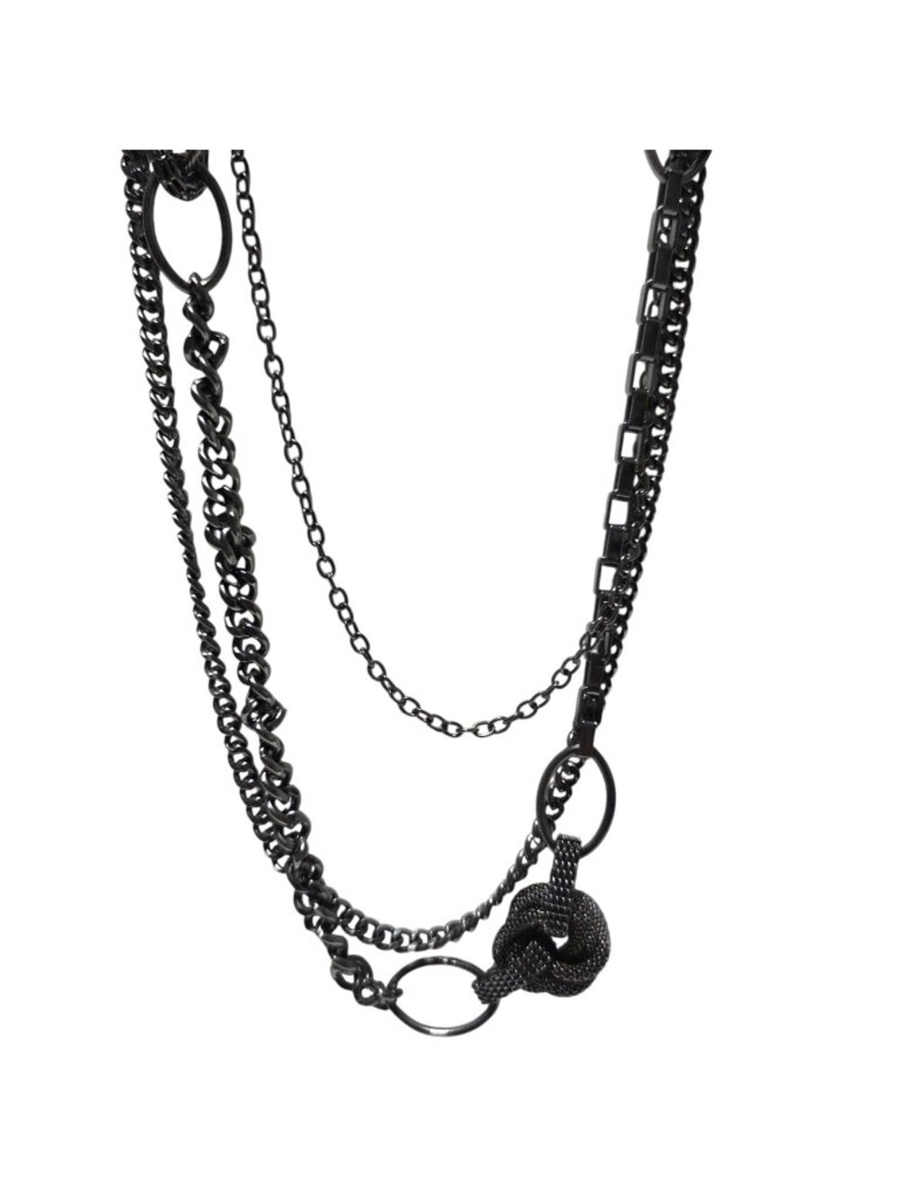 Steampunk Layered Gunmetal Chain Necklace Knot Ring Accents Fashion Jewelry